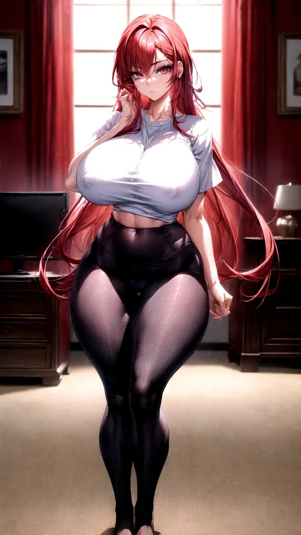 Beautiful, masterpiece, professional, HDR, UHD, (((64K resolution))), ((living room background)), ((1girl)), (solo), (((full body picture))),
((An absolutely beautiful girl wearing a white tee shirt and tight black leggings)), very thin clothes, (very clingy female), (((very scared facial expression))), ((thick thighs)), very wide hips, wide thighs, thigh gap, very large boobs, ((((absolutely massive breasts)))), ((skinny waist)), (very long eyelashes), vibrant red hair, bright pink eyes, <lora:dpmg_add_detail:1.2>, extreme eye detail,