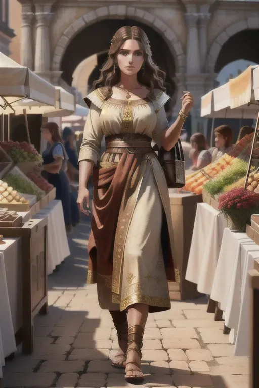 an 8k rendering of a beautiful woman in a roman marketplace, brown hair, warm lighting, (highly detailed), (detailed face), full body view,