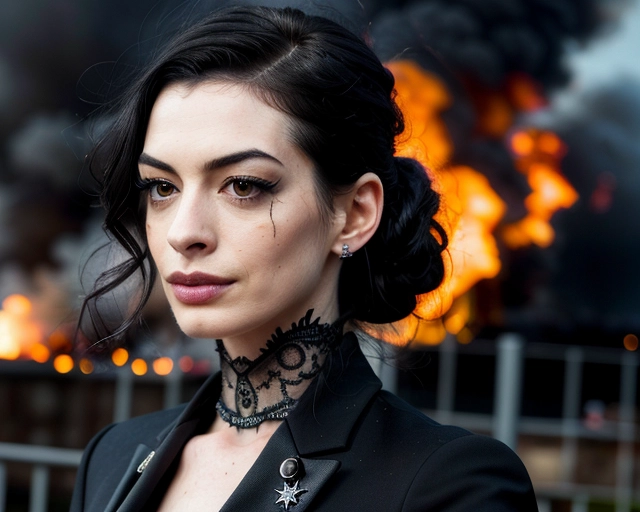 (skinny goth Anne Hathaway:1.11),
(black makeup, black grey facepaint, black eyeshadows:1.13),sideview,
(accurate face, photorealistic face,perfect face,detailed face:1.27),
serious,(in dense smoke, vivid flames and fire in background:1.3),(wearing black business suit:1.1),
(face close up:1.25),
uncensored,
HDR, UHD, 64K,
Highly detailed,
Vivid Colors,
Studio lighting,
Professional,
Unreal engine,
