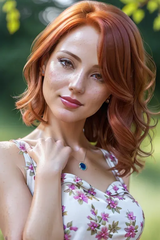 high resolution portrait,redhead,middle-age,((((wearing detailed short dress)))),(((detailed hair features))),(((detailed facial features))),(((((looking at the camera))))),((beautiful lips)),(detailed body features),(detailed arms features), (detailed hands),(detailed thighs features),peaceful,textured skin,(((outdoor scene))),(((detailed natural lighting)))