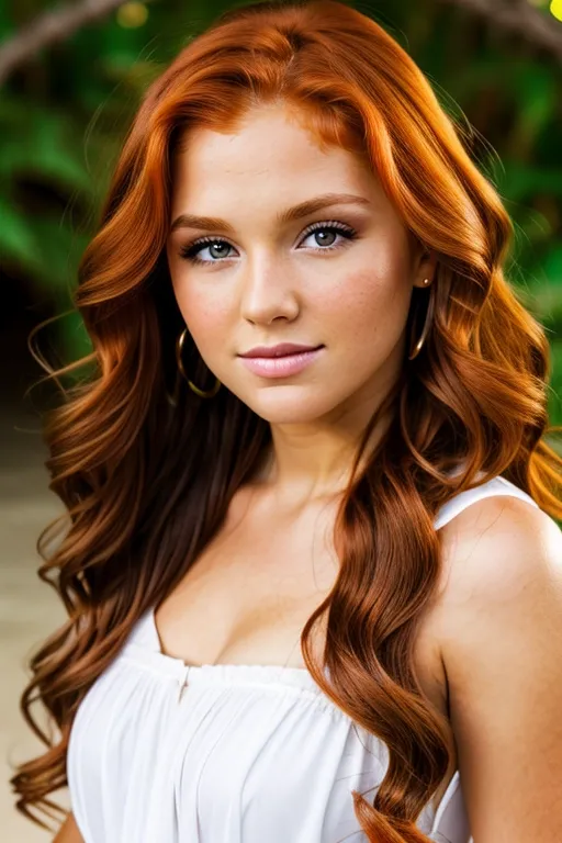 Headshot facing forward, A cute gorgeous tanned stunning ginger Irish redhead (young preteen) with long wavy hair, huge wide-set large round eyes, long eyelashes, cheekbones