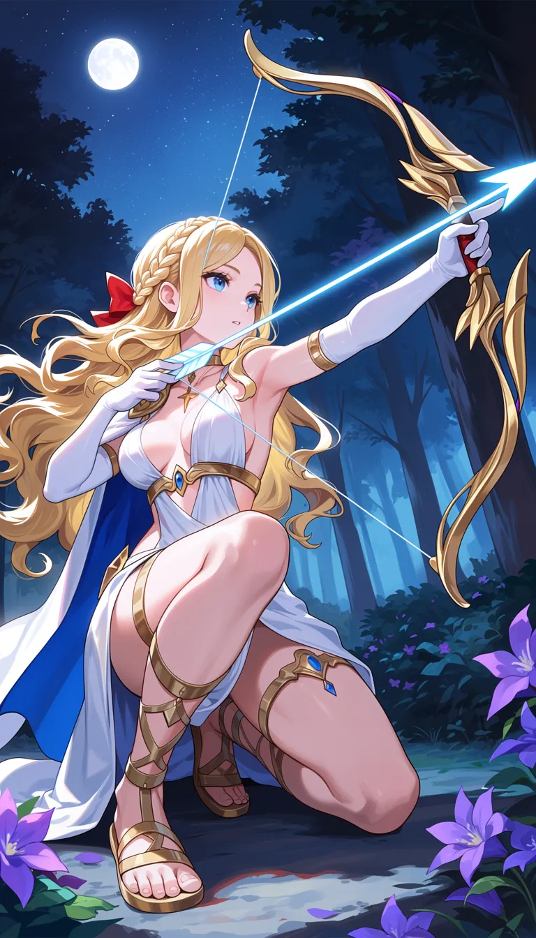 greek mythology, artemis \(mythology\), 1girl, aiming, arrow \(projectile\), blonde hair, blue eyes, bow, bow \(weapon\), braid, breasts, bush, cape, clothing cutout, crown braid, dress, elbow gloves, feet, flower, forest, full moon, gladiator sandals, gloves, gold choker, gold thighlet, hair bow, hip vent, holding, holding arrow, holding bow \(weapon\), holding weapon, jewelry, legs, long hair, looking ahead, medium breasts, moon, nature, night, on one knee, outdoors, parted lips, partially fingerless gloves, plunging neckline, purple flower, red bow, sandals, side cape, sideless dress, solo, star \(sky\), thighlet, toenails, toes, tree, wavy hair, weapon, white cape, white dress, white gloves, masterpiece, best quality, amazing quality, highres, absurdres, newest, very awa, dynamic pose, dynamic compositiongreek mythology, artemis \(mythology\), 1girl, aiming, arrow \(projectile\), blonde hair, blue eyes, bow, bow \(weapon\), braid, breasts, bush, cape, clothing cutout, crown braid, dress, elbow gloves, feet, flower, forest, full moon, gladiator sandals, gloves, gold choker, gold thighlet, hair bow, hip vent, holding, holding arrow, holding bow \(weapon\), holding weapon, jewelry, legs, long hair, looking ahead, medium breasts, moon, nature, night, on one knee, outdoors, parted lips, partially fingerless gloves, plunging neckline, purple flower, red bow, sandals, side cape, sideless dress, solo, star \(sky\), thighlet, toenails, toes, tree, wavy hair, weapon, white cape, white dress, white gloves