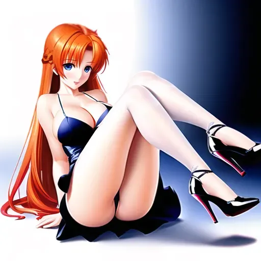 A high-quality erotic hyper-realistic photo of a short woman with long orange hair, bright blue eyes, f-cup breasts, pale skin, wearing a white minidress and black high heels, full-body