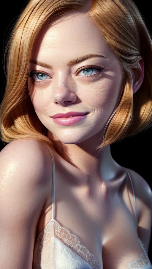 A high resolution highly detailed portrait photography of Emma Stone, seductive smile, glamorous hairstyle, cleavage,
wearing a white sheer top,
realistic detailed hair, realistic detailed skin, realistic detailed eyelashes, detailed eyes,
professional makeup, accurate skin,
accurate eyes, accurate teeth, accurate mouth, accurate skin color, accurate skin tone,accurate hair color, accurate hair tone,
pretty teeth, textured skin, pores,
masterpiece, crystal clear, subsurface scattering, professional lighting, black background,
<lora:dpmg_add_detail:1>,
(RAW photo:1.2),
(photorealistic:1.4),
(masterpiece:1.4),
(best quality: 1.2),