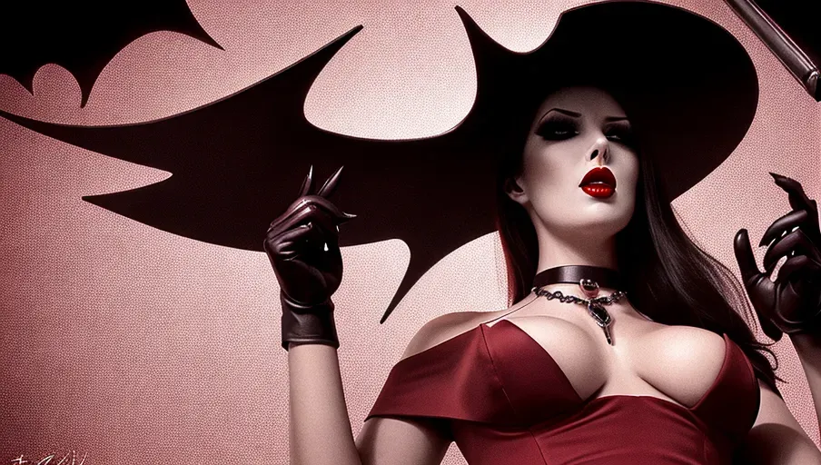 low angle wide shot, set in a creepy old dark foggy castle, lead vocals at a hard rock concert. hypnotized and signing a deal with the devil.
first figure:
beautiful, beautiful, creamy complexion woman with long black hair with red highlights, goth makeup. dark red lipstick and eyeshadow. average height woman 26 years of age, seductive smile, large rounded natural blue eyes, red knee length off the shoulder dress, long fingerless gloves, red high heels, long pointed canine teeth, large red bat necklace, photorealistic. hypnotized and signing a deal with the devil.
Second figure:
handsome sly male devil presenting contract for signing.