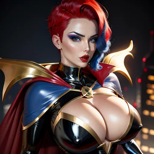 flying superhero, black latex, red accents, short lught blue hair, big tits, big cleavage, gold cape, hard nipples