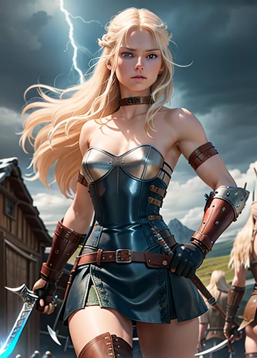 topless, female Viking warrior, Beautiful woman, Astrid Hofferson, long blonde hair, intense blue eyes, detailed face and eyes 1.2, medium breasts, s, large battle axe in one hand over her head, sword is being struck by lightning, in a Viking village ((black leather gloves and boots)), Short leather Skirt, sharp focus, five fingers each hand