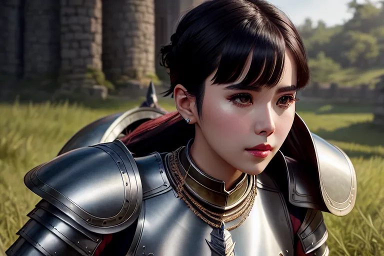 a digital art of,iu,wearing medieval armor,all-fours,outdoor,five fingers per hand,short hair,gorgeous face,beautiful lips,curved eyebrows,textured skin,peaceful,wearing necklace,ultra realistic,cinematic lighting,pixiv,smooth,editorial