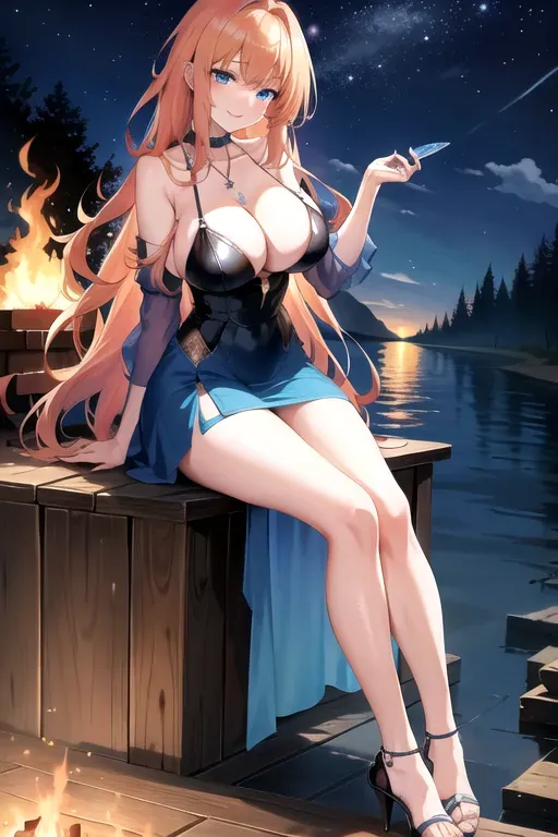 full body, strawberry blonde hair, blue eyes, short girl, black high heels, looking at viewer, long hair, pale skin, silver necklace, 24 years old, giant breasts, cute face, pov, wavy hair, wide eyes, erotic, skirt tug, nighttime, slim body, sitting by lake, smiling, cleavage, 44F breasts, standing by campfire, blue minidress, serving drinks