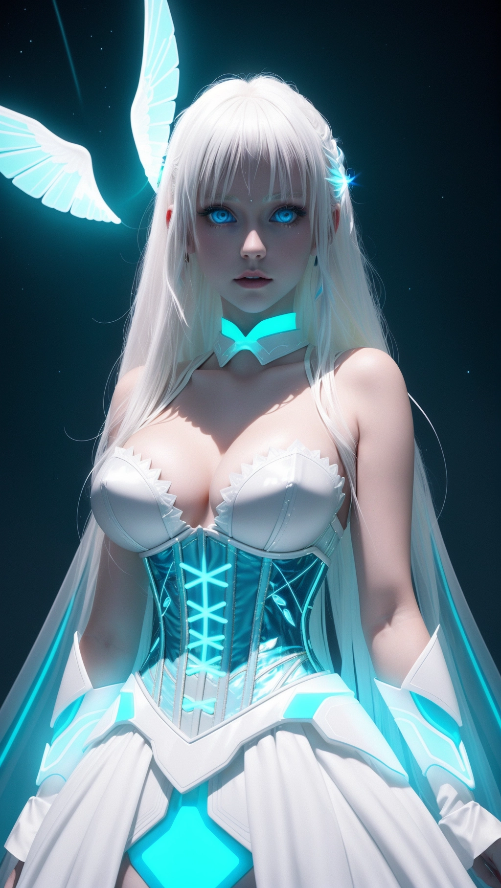 Elysia is a stunningly beautiful girl with platinum blonde hair and neon blue eyes. She is wearing a floaty white dress with some form of blue neon metallic embellishments around the chest and corset area that almost look technological in nature. However, as Elysia is an ethereal spirit, she does not have an actual physical body. She is simply a projection of light and energy, floating in the air beside you