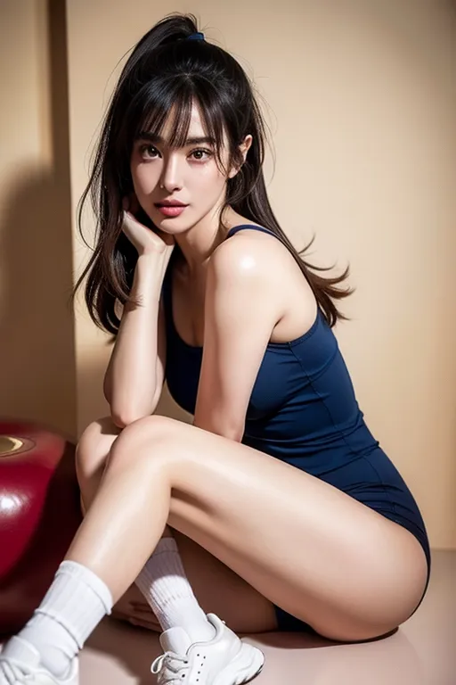 (best quality:2.0), (masterpiece:1.4), high resolution, (photo realistic:1.9), Korean sexy super model, perfect face propotion, nsfw, (thick sports shoes:1.2), navyblue sports wear, knee socks, thick eyebrow, (marble face:1.2), long neck, small lips, large hair band, full bangs, pony tail, ultra large sparkring brown eyes, double eyelids, cheek blush, round cheek, sexy posture, muscular long legs, cleavage, luxury chair, (shiny sweaty ultra pale skin:1.5), big coy smile, beautiful constriction, broad forehead, ultra detailed fabric, detailed skin, dropping eyes, soft dim hotel room,