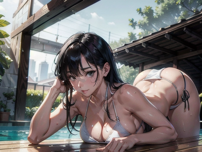 establishing shot, (((loose white bikini))), slim curvy, eurasian woman, (hyper-realistic face:1.3), 32k uhd --ar 9:16 --stylize 750 --v 6, realistic,((((solo)))), nudity, (((long straight black hair))), (small breasts:1), breasts focus, wet skin, lips, perfect-hard-nipples, solo_focus, eye-contact, lifted white blouse, uncensored, ((torn bikini)),
background indoor swimming pool, sweaty, (((exhausted))),uncensored,
<lora:dpmg_add_detail:0.5>, (best quality),
beautiful, (((masterpiece))),(high resolution), (uhd), (8k),
shy sensual smile, ahegao