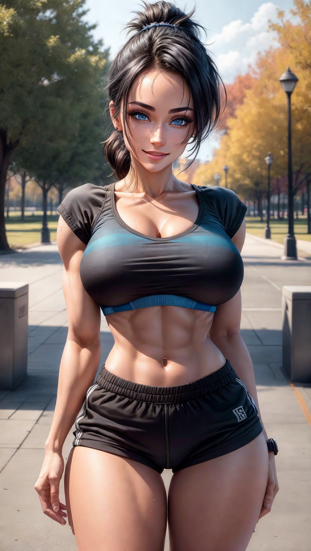 Beautiful, masterpiece, hyper detailed, hyper quality, (64K resolution), (HDR), (UHD), cinematic lighting, ((park background)), (1girl), solo, extreme face details, (full body image), pov,
A beautiful young woman wearing a tight ((bra)) and ((jogging shorts)), sweaty, sweating, sweat, ((medium size boobs)), big butt, thigh gap, ((hair in a short black ponytail)), athletic body, 25 years old, looking at viewer, happy, smiling, (blushing), strong legs, nipple indents, (((translucent shirt))), ((thin shirt)), ((thick thighs)), ((skinny waist)), (long eyelashes), ((wide hips)), brown hair, ((bright blue eyes)), ((((detailed eyes)))), <lora:dpmg_add_detail:1>