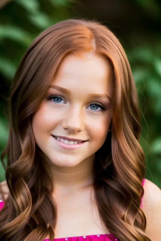 Headshot, A cute beautiful gorgeous tanned stunning ginger Irish redhead (((preteen))), long wavy hair, wideset wide-set lovely eyes, high cheekbones, pixieish, heart-shape face