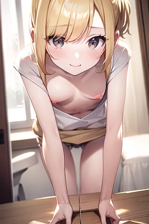 <lora:dpmg_shirt_pull:1>, blonde hair, shirt pulled down ,surprise look