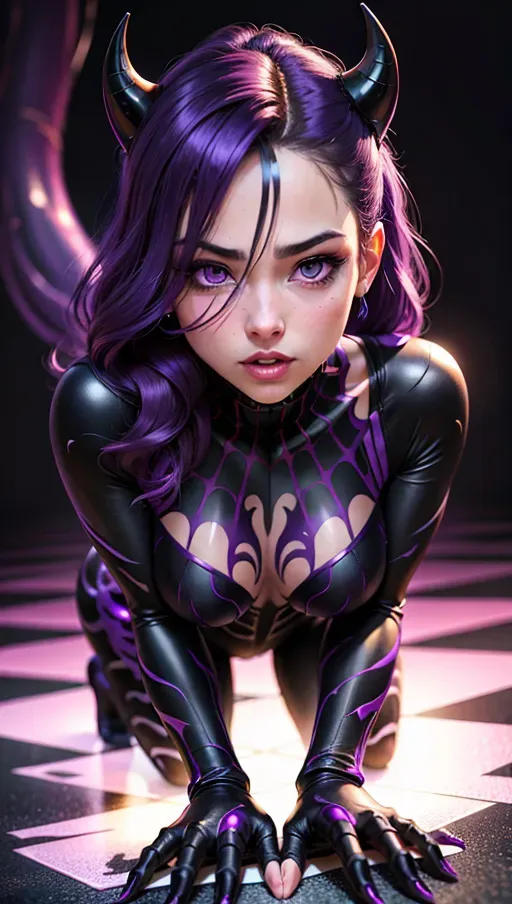 best quality, (((ultra high res))), (detailed face and eyes), ((female purple symbiote transformation)), five fingers per hand, body intrusion, all fours