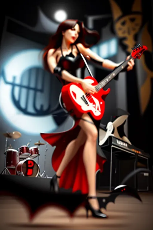 Thorn based on Jennifer Hale - lead singer and guitarist. She is sultry and her voice seems to seduce audiences. She has long black hair with bright red highlights, teal eyes, a bright smile showing off ling pointed vampire fangs, and wears a black and red Deep V Neck Spaghetti Strap Wrap Asymmetrical Velvet Cami dress with thick off the shoulder straps. red sash belt. Her guitar shares several characteristics of models made by B.C. Rich body style the outline of a bat. red bat shaped necklace.