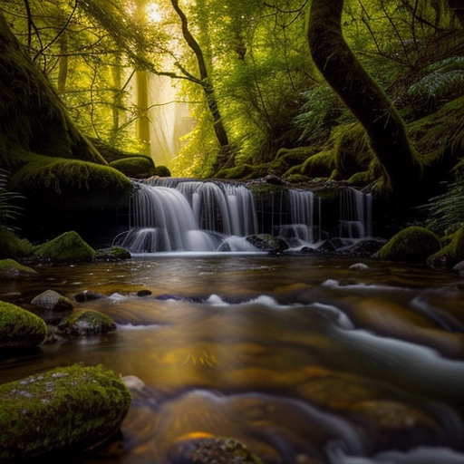 A fantasy setting in a green forest next to an idyllic stream, sunbeams stream through the trees, a beautiful blonde woman bathes in the stream confident in her sensuality and sexual desire, her confidence radiates her allure, she accentuates her feminine voluptuous body, enticing the viewer,