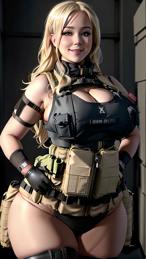 Hot blonde, Russian, voluptuous (((suicide bombgirl))), huge breasts, european, blonde hair, (((wearing a tactical explosive vest))), (((wide hips))), thick thighs, huge breasts, tactical ((dynamite belt)), suicide belt, smiling, lots of cleavage, (((cubby))), curvy, thick, sideboob, midriff, plastic explosives, ((tactical explosive vest)), garters