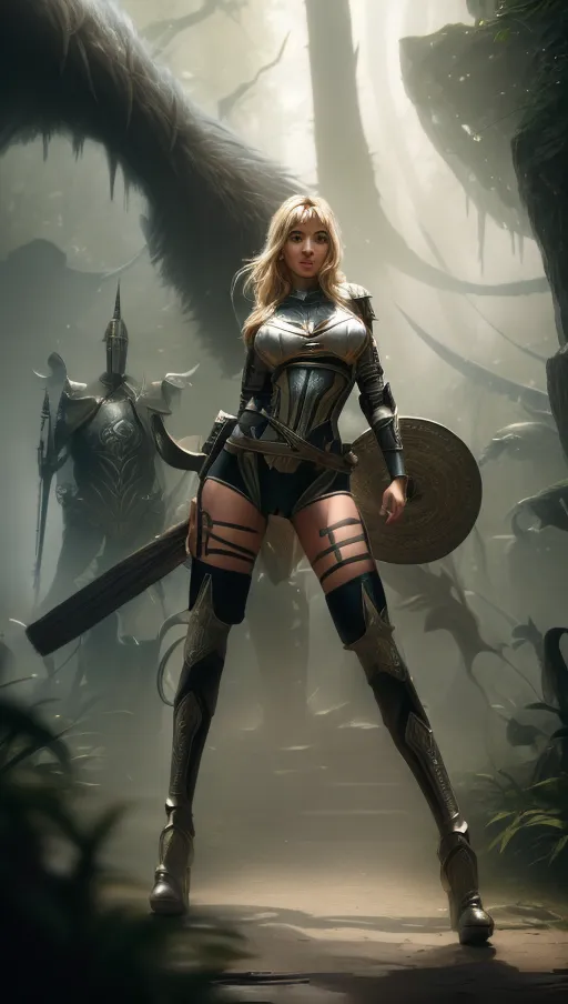 Epic hyper-realistic portrait of Hannah Simone as a scantily clad bimbo, blonde hair, big lips, tanned,(accurate detailed beautiful face), huge breasts, athletic slim toned body, in the style of stefan kostic,thigh gap,full-length body shot, well-lit, intricate abstract art,(( wearing a novice light armor clothing)),(dark looming forest), ((menagerie of monsters are stalking her)),intricate artwork, slap, octane render, high detail, sharp focus, complex 3D rendering, digital art, ambient lighting, 8k, artstation --v 4, UHD, raw,<lora:dpmg_add_detail:1>,monsters have a big monster-dicks