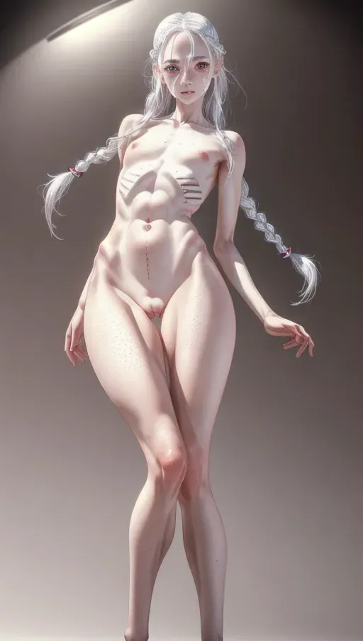 Vagina, innie vagina, puffy labia, clitoris, perky nipples, athletic, long braided white hair, freckles, determined face, cute, abs, thick thighs, thigh gap, Long white hair, pale skin, silver eyes, braided hair, woman, small breasts, perfect fingers, HD wallpaper, perfect teeth, anatomically correct, five fingers per hand, HD resolution, HD wallpaper, high contrast, professional, realistic, photorealistic, highly detailed, detailed face, professional photograph, Ray tracing, skinny, realistic skin texture, (photorealistic), relaxed pose, (masterpiece), (best quality),
Fullbody view, masterpiece, absurdres, solo focus, 8k, perfect edges, ultra realistic, perfect anatomy, low light, perfect face, sharp chine, fine details, realistic shaded,
<lora:dpmg_add_detail:1>