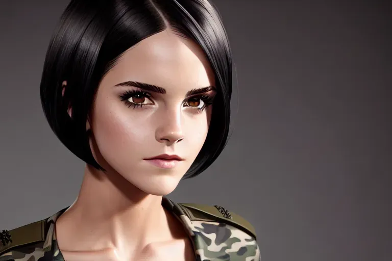 a realistic concept art of (emma watson),(sexy soldier)(wearing a headband)(dark gray camouflage fatigues tiedoff in front)(exposed midriff)(sports bra)(wearing combat boots), (accurate face) (show complete face), (show full body)(show head to toe body)(full-body portrait)(pinup art), sexy pose, (ATHLETIC BODY) (slender build) (skinny body)(thin), (small firm breasts) five slender fingers, (short high to low straight bob cut hairstyle)(blunt)(sleek)(jet black hair)(single white streak in hair), beautiful face, beautiful lips, detailed eyes, curved eyebrows, cinematic lighting, studio lighting,professional,editorial,(lesbian sex)