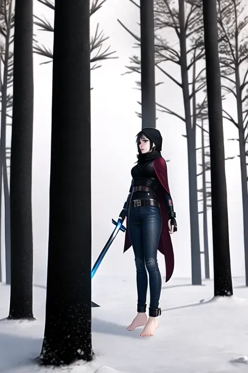 cloak, black jeans, fingerless_gloves, feet, toes, electrical_tape, black_lipstick, standing, fighting, tape, barefoot, forest, winter, snow, 2 girls, swords, scarf,