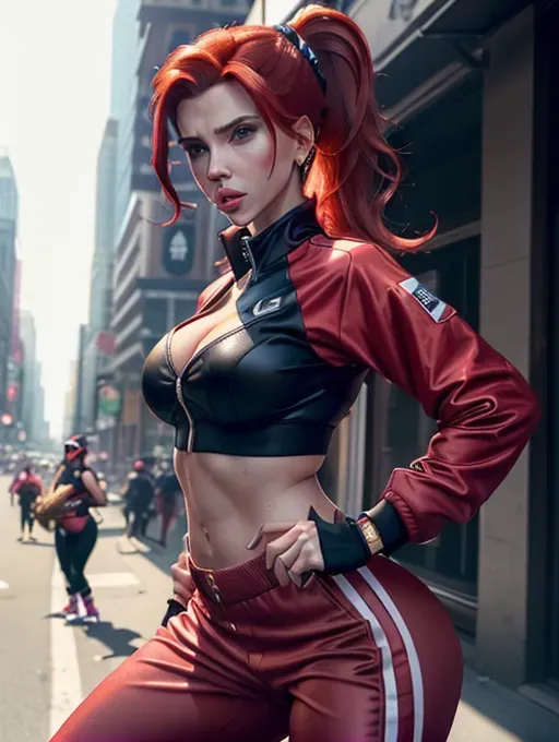 a concept art wide shot of, (((MILF scarlett johansson)))(completely accurate face)(((smirking))), (flirtatious mischievous perky exotic)((as a twerk street dancer)), full body, (((at a night Block Party))), ((wearing cropped track jacket)) (((wearing reversed baseball cap)))(((wearing track PANTS)))(((wearing gstring panties)))((wearing sneakers))(Cleavage),(((long SLEEK HIGH PONYTAIL CENTERED ON TOP hairstyle)))(((redhead)))(sleek)((widows peak)))(athletic physique), (((sweaty)))(((twerking))),(((small breasts))),five slender fingers,beautiful face,beautiful lips,detailed large eyes,curved eyebrows,cgsociety,natural lighting,studio lighting,professional,editorial,
