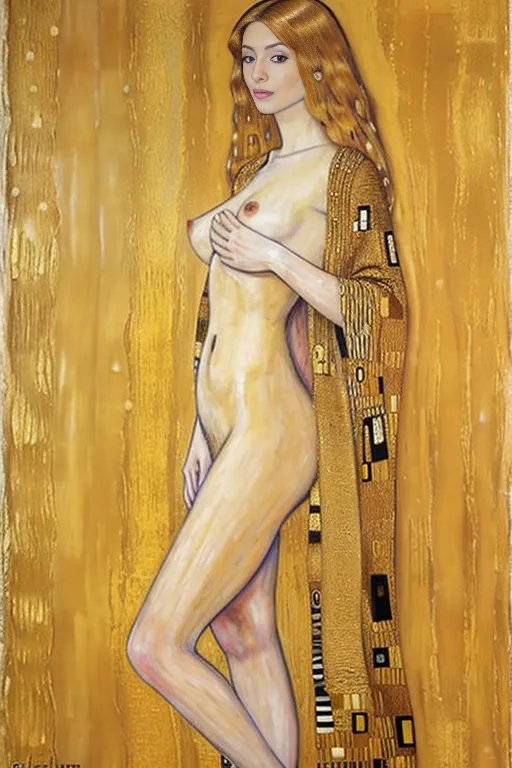 painting with klimt artstyle of, ((full body)), standing, (nude woman), short ash-blonde hair, highly detailed face, detailed eyes,perfect hands, medium firm and perky breasts, ,(hairy pubis), coy expression,small upturned nose, holding in her hands a long organza yellow sheet, lebanese cedar drawn on the wall,