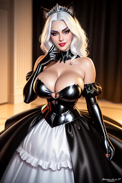 an ultra realistic photo of Black Cat from Marvel, white hair, oversize eyes, doe eyes, lustful gaze, smile, princess dress, cleavage, shiny lipstick, big lips, sexy pose, high quality