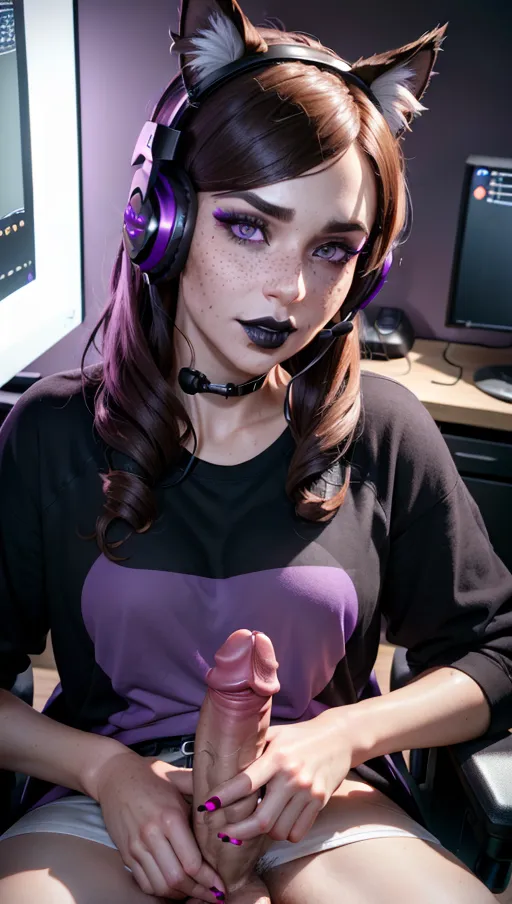 photorealistic, 8k, accurate face, detailed face, (((replicate inspiration face))), freckles, (black lipstick), brown hair,
wearing, gaming headset with cat ears on, oversized shirt, sat in gaming chair,
gaming desk, masturbating, penis,
location is bedroom with purple walls,