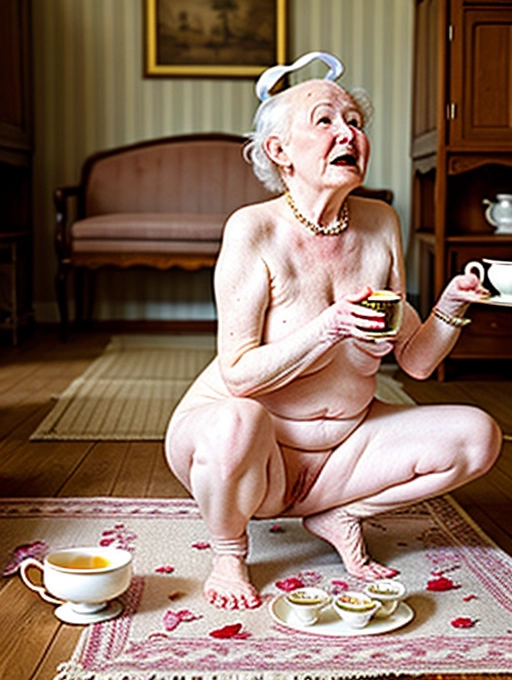 a naked mature lady squats and poops on the floor while having tea with her friends at a tea party