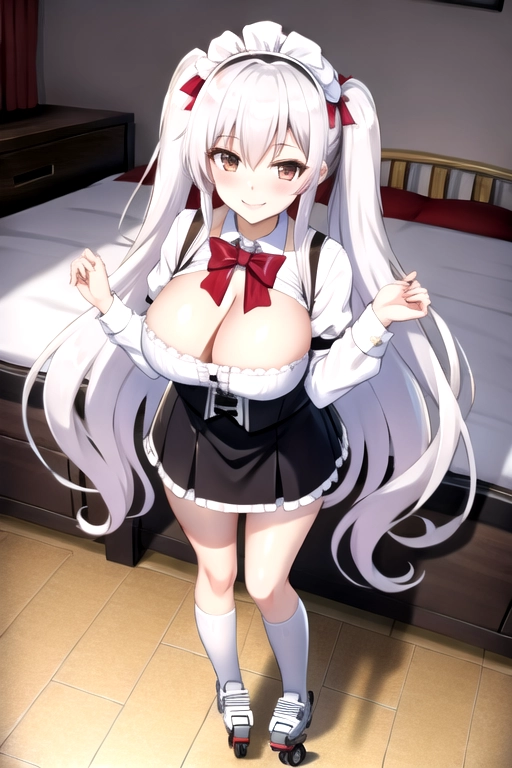 8k quality, brown eyes, pale white skin, white hair, giant breasts, cleavage, looking at viewer, pov, long hair, wavy hair, standing in bedroom, maid uniform, roller skates, miniskirt, pigtails, full body photo, smiling