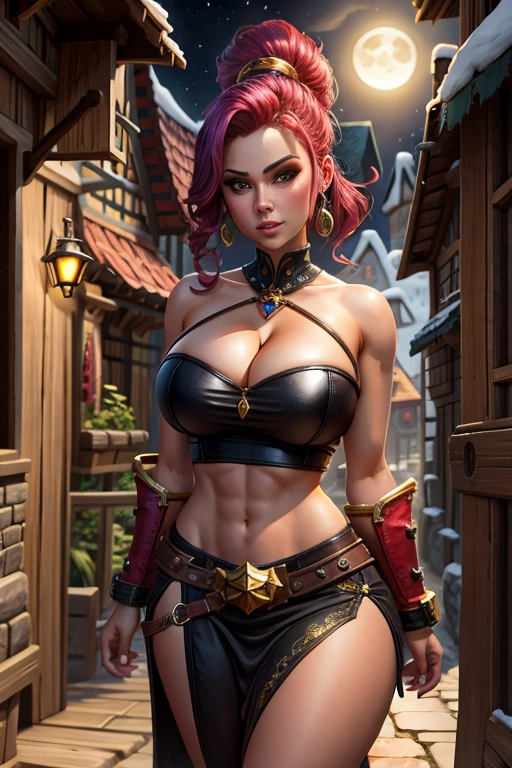 Sexy short tiny female gnome from World of Warcraft, huge breasts, thin short revealing black dress, cleavage, fit and slim body, thin waist, muscular, in a fantasy town, moonlight, standing, looking at wiever