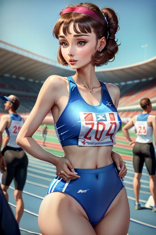 digital art of Audrey Hepburn <lora:track_uniform:1>, medium breasts, in an outdoor track meeting, sexy revealing blue and white track uniform, nice ass, , crowd of people, cute and sexy