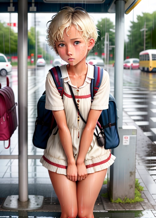 Bus stop, raining, short hair, Norwegian, tanned skinned, beautiful face, shy, embarrassed, soft lips, dress, beautiful legs, wide open legs, perfect pussy, wet, bookbag, plush toy, fell in puddle