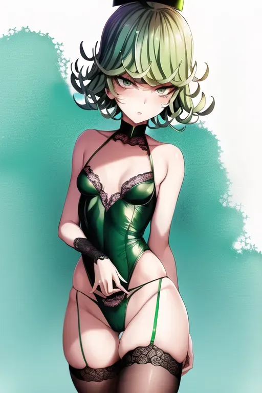 Tatsumaki from one punch man, (blue lacey lingerie), short green hair, green eyes, ((small breasts)), exposed legs, thigh gap, solo, one person