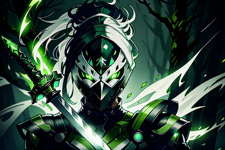 Ninja, full face mask, white, glowing green accents, with a sword, female, 8k wallpaper, best quality, ultra hd, global lighting, hi-resolution, high quality, highly detailed, in a dark forest