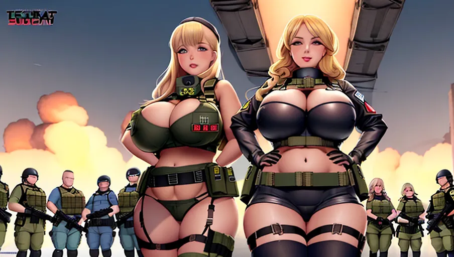 Hot blonde, Russian, voluptuous (((suicide bombgirl))), huge breasts, european, blonde hair, (((wearing a tactical explosive belt))), (((wide hips))), thick thighs, huge breasts, tactical ((dynamite belt)), suicide belt, smiling, lots of cleavage, (((cubby))), curvy, thick, sideboob, midriff, plastic explosives, ((tactical explosive vest))
