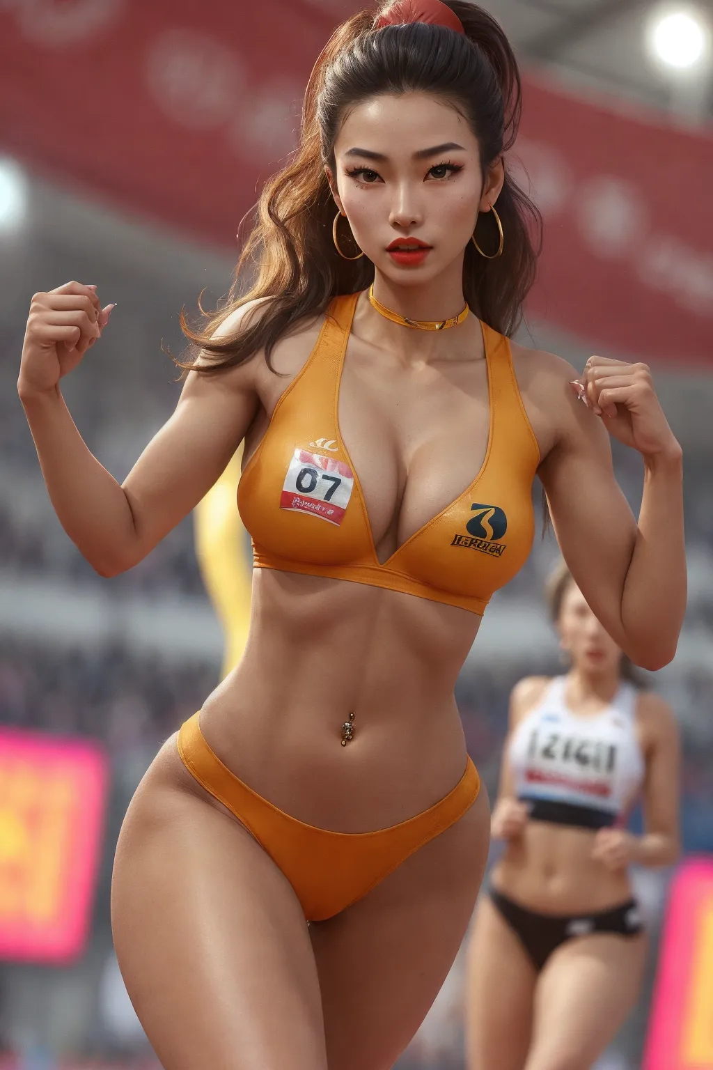 A shot of a young tall female asian sprinter (running a sprint) during a competition. Other athletes in the background.
long legs, toned, (very big heavy tits), (huge bouncing tits), skimpy outfit, low neckline, (erect nipples), sneakers, long hair, long eyelashes, heavy makeup, bright red lipstick, big earrings, long nails, lewd tattoo, camel toe, navel piercing,
gorgeous face, (((detailed face))),(((photo))), highest quality, ultra realistic, artstation, highly detailed, highly detailed, high detail hair, (sharp body), detailed body.