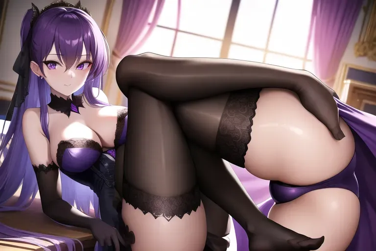 medium shot, 20 year old, a gorgeous gothic girl, insanely beautiful, stockings, purple, study room, daytime, natural light, happy, 8k, professional