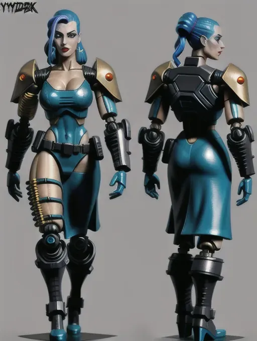 Cyberpunk character design sheet for 1980 toy action figure production. View from all side character