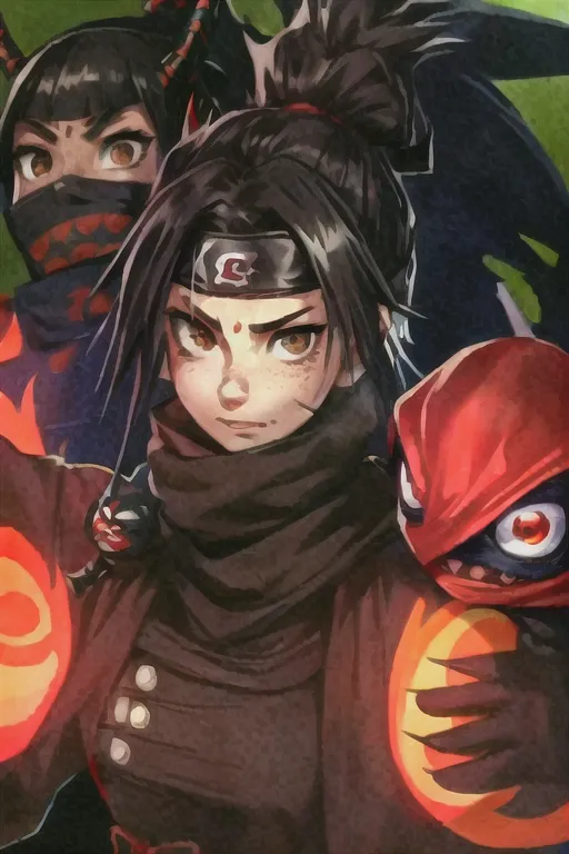 sam yang, best quality, masterpiece, 1girl, female , freckles on face, androgynous puppet master, wielding puppet devil worm shaped with horns behind ninja, ninja attire shinobi outfit naruto, black desert scarf, decorated scarf, black freckles on nose and under eyes, black colored neat tied back curly hair style, tanned black darker skin tone, ninja shinobi puppet master, brown eyes bright, , black cloth mask covering face ,black colored hair ,tanned brown African skin tone, cocky expression, masterpiece , warzone ruined kingdom as background , naruto anime digital art ((masterpiece)) <lora:dpmg_sam_yang:1>