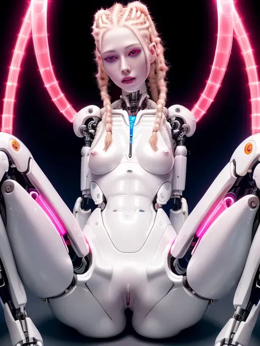A picture of a skinny, waif, lean and lank, pale white skinned cyborg woman, light red dreadlock and braided hair with luminous beads, futuristic, naked, half Biomechanical cyborg, detailed robot parts, sexy, small breasts, laying on back, legs spread, tattooed face, extremely detailed face, highly detailed body, perfect lighting, lit face, black backdrop with digital highlights, looking at viewer, natural exposed pussy, legs wide open, full lips, wet open large vagina, bright red lips, realistic pussy, soft smooth blue tinged white skin, bright side lighting with deep shadows and contrast