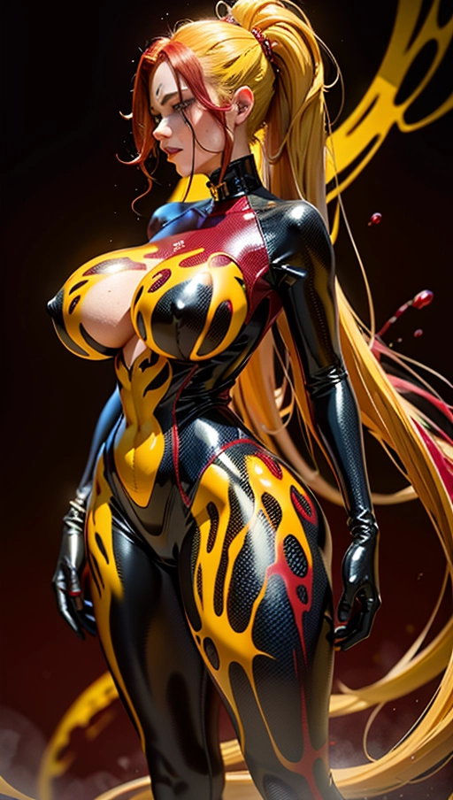((Burgundy red and yellow symbiote girl)), ((hair-raising symbiote)), ((burgundy red and yellow symbiote goo)), ((((burgundy red long hair with yellow strands)))), ((red and yellow symbiote goo suit)), (yellow strands), (((((symbiote goo hair))), ((((burgundy red and yellow symbiote goo body)))), huge symbiote boobs