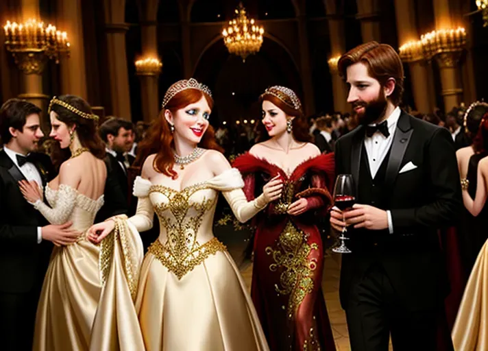 amidst the revelry of a grand late eighteen hundreds masquerade ball, where everyone is wearing ornate masks, a clumsy servant trips spilling red wine on beautiful, auburn haired, round wide blue eyes Queen Anna of Arendelle wearing a satin, pearl and gold mask, and a pristine brilliant white heirloom ball gown. An opportunistic Marquies De Sade looking on. photorealistic. High resolution