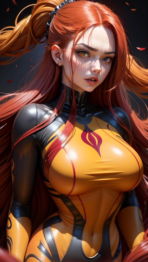 red and yellow female symbiote, ((hair-raising symbiote)), (red and yellow symbiote goo), (((burgundy red long hair with yellow strands))), ((red and yellow symbiote suit)), (yellow strands), (((symbiote face)))