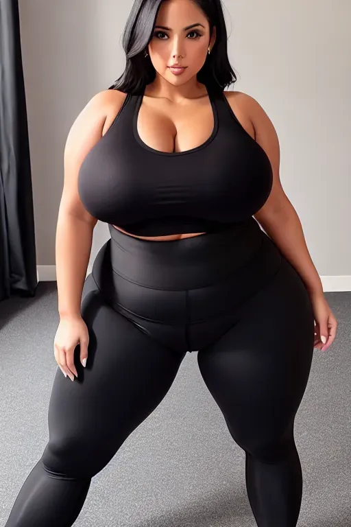 An obese woman in skin tight black workout leggings and a skin tight black compression top spreading legs with a camel toe and nipples showing through shirt