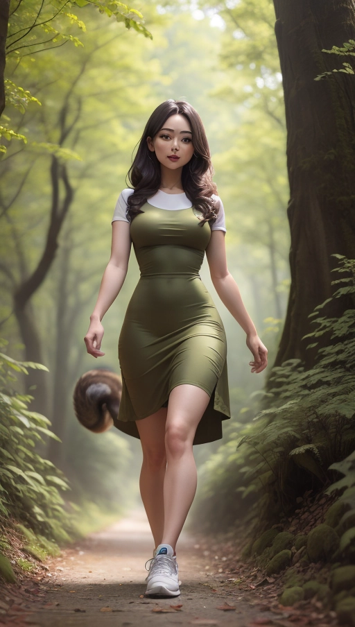 a forest path scene, a 25 year old girl, beautiful, tight olive green dress, she is walking, sneakers, she is not holding a squirrel tail
a giant masturbating squirrel is nearby