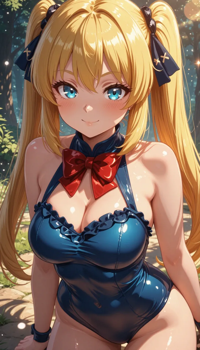masterpiece, best quality, anime coloring, anime screencap,
1girl, solo, long hair, breasts, looking at viewer, blush, smile, bangs, blue eyes, blonde hair, hair ornament, bow, ribbon, bare shoulders, twintails, medium breasts, closed mouth, collarbone, swimsuit, hair ribbon, upper body, sidelocks, outdoors, frills, shiny, bowtie, red bow, tree, lips, one-piece swimsuit, black ribbon, sunlight, x hair ornament, red bowtie, shiny clothes, blue one-piece swimsuit, armpit crease, frilled swimsuit, marie rose
